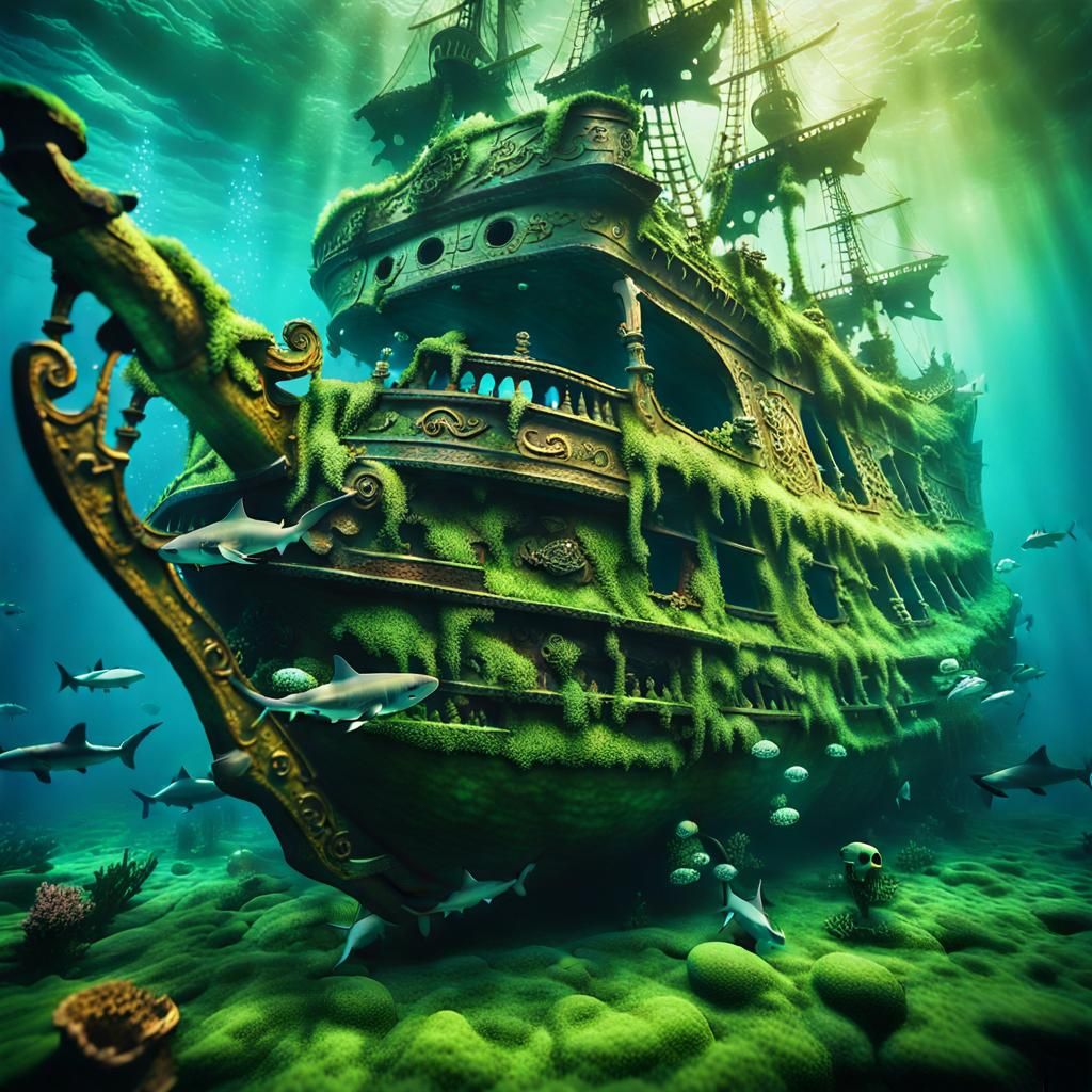 Underwater Pirate Ship and Sharks in Cinematic Style