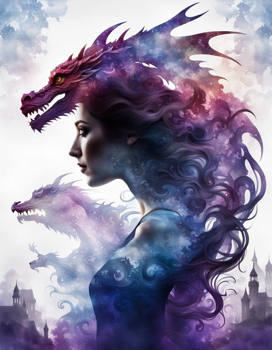 Dragon Silhouette Double Exposure in Ethereal Style