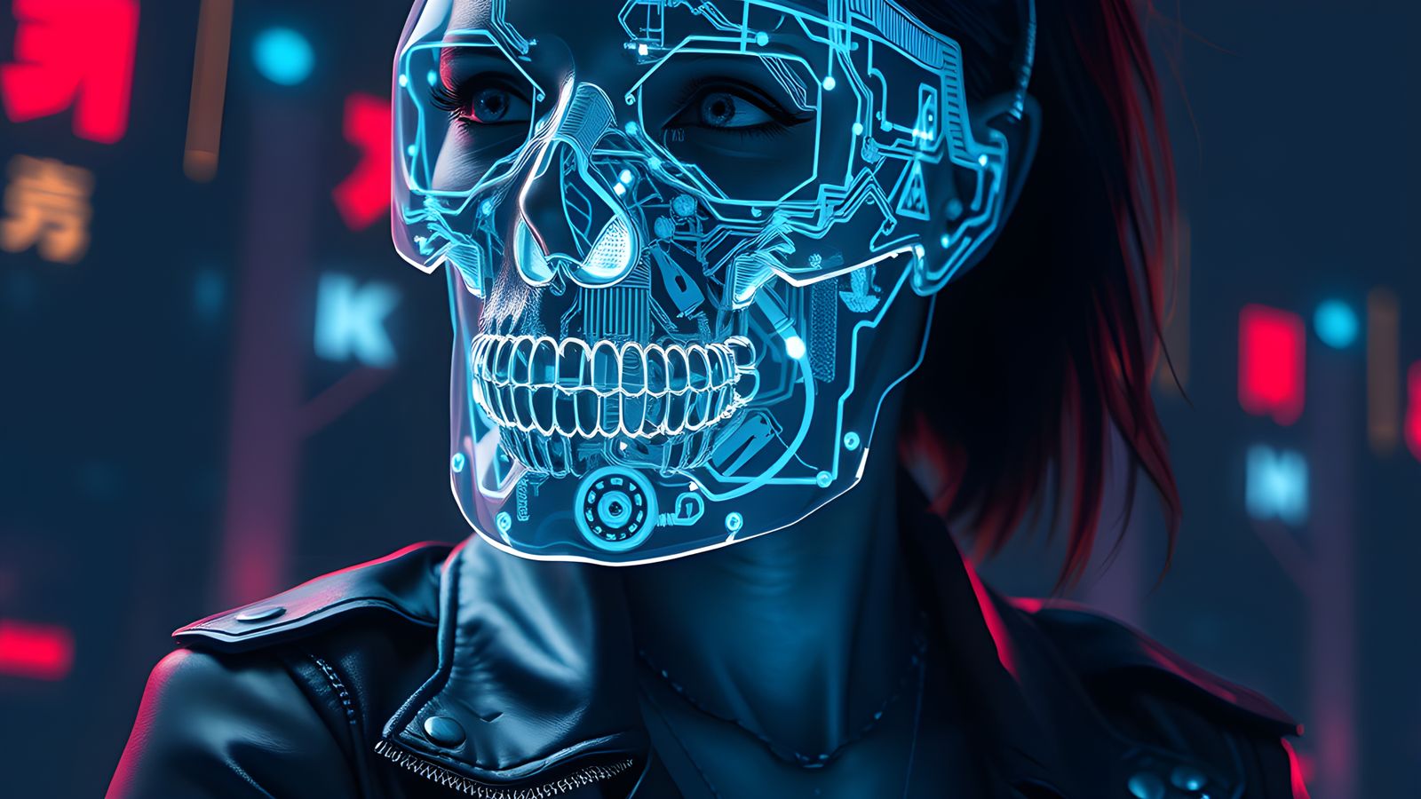 Cyberpunk Woman with Biomechanical Skull, High-Resolution Po...