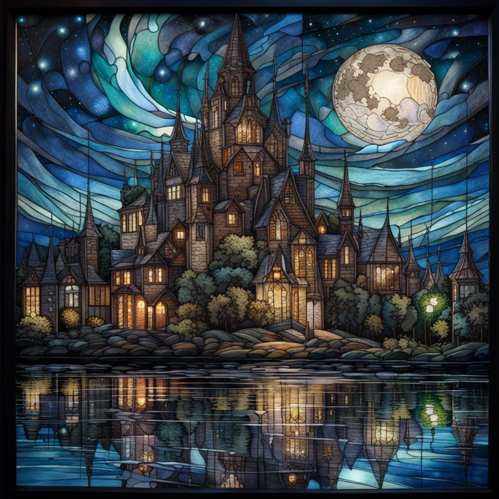 Stained Glass Starry Night Cityscape Reflection