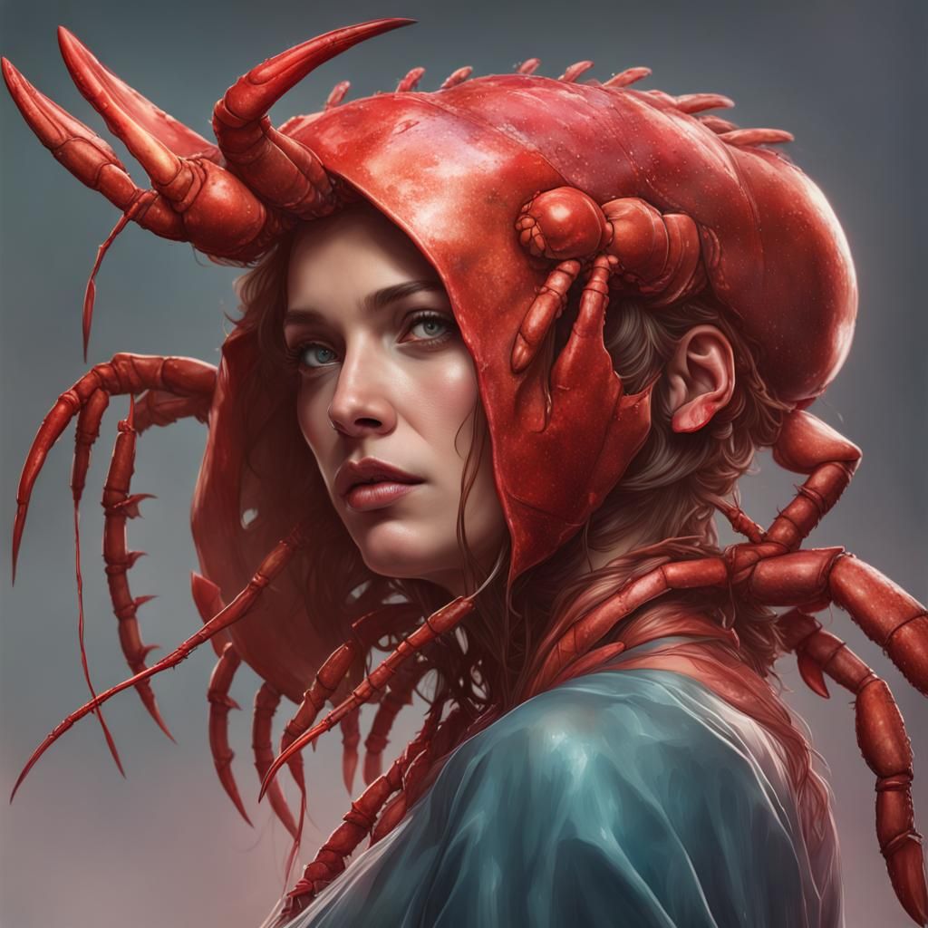 Woman Transforms into Lobster, Art Nouveau Portrait