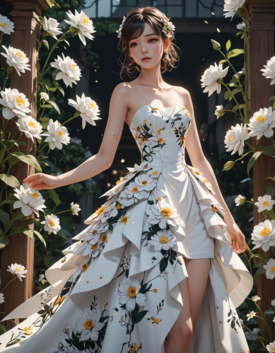 floral white strapless dress