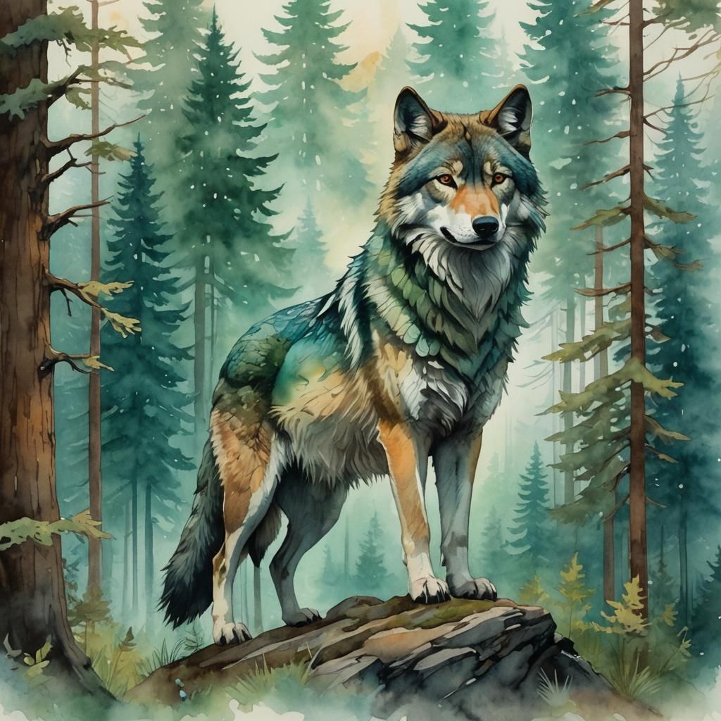 Wolf with Watercolor Landscape, Detailed Matte Painting