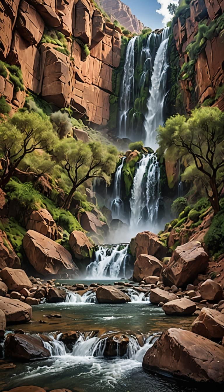 Moroccan Waterfall in the Atlas Mountains: Photorealistic Im...