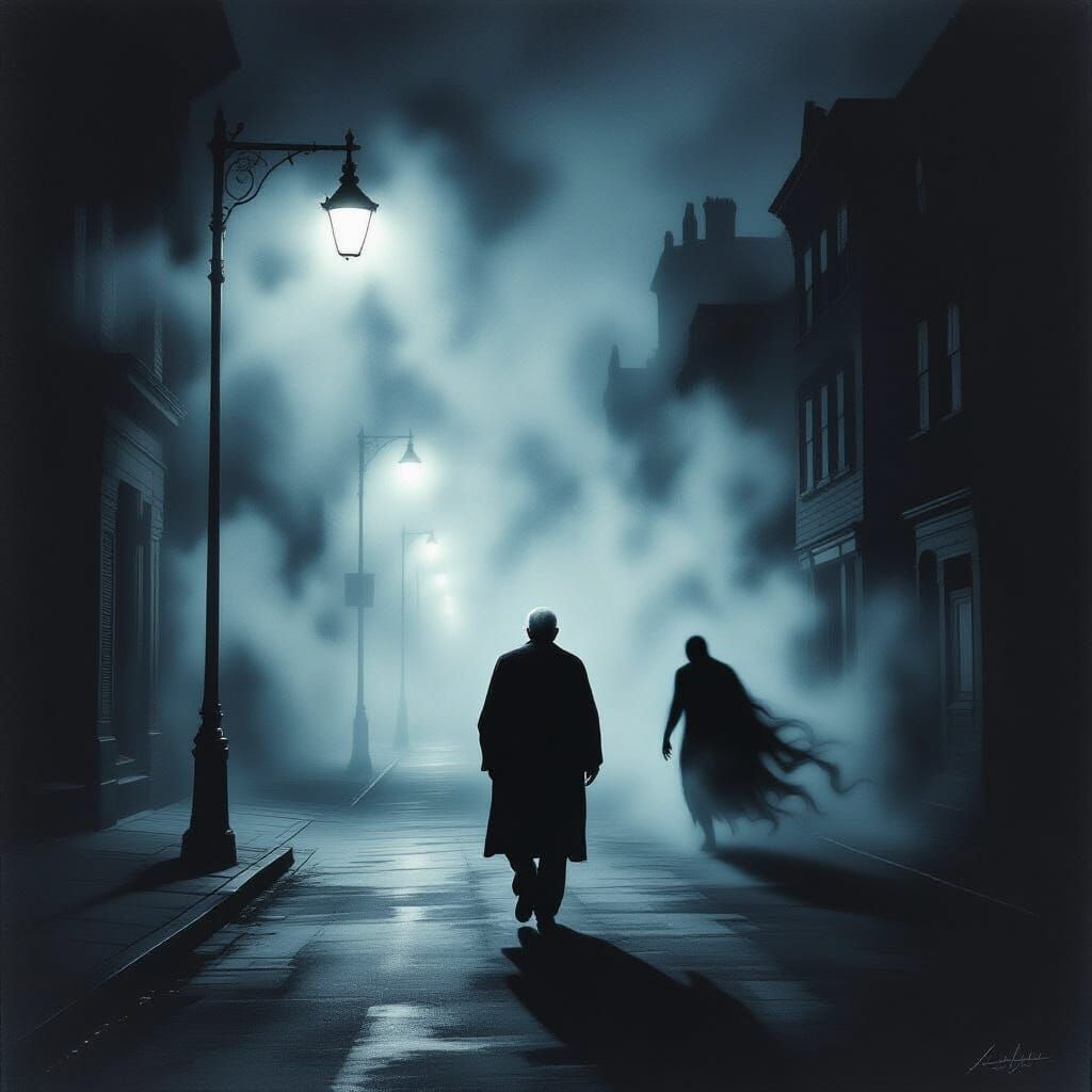Elderly Man Haunted by Sinister Shadow on Foggy Night Street