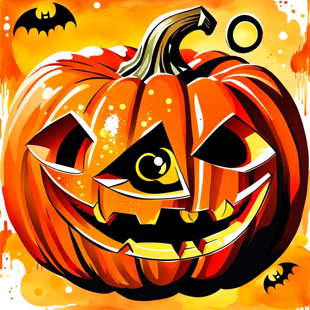 Halloween Pumpkin with Ghosts, Bats, and Moon