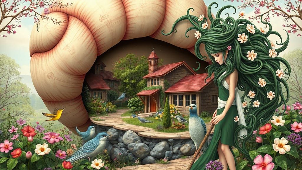 Whimsical Village within a Giant Snail Shell in Vibrant Colo...