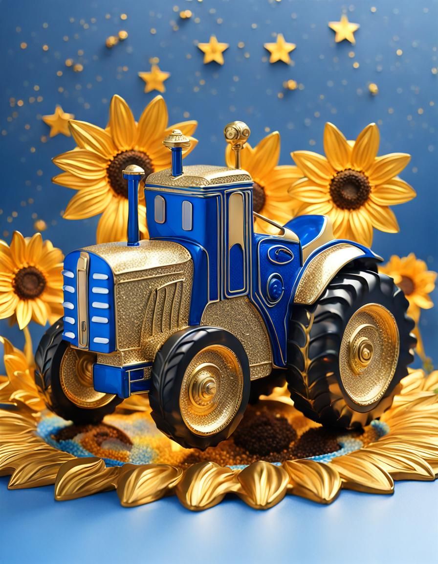Golden Tractor with Sunflowers in Art Nouveau Style