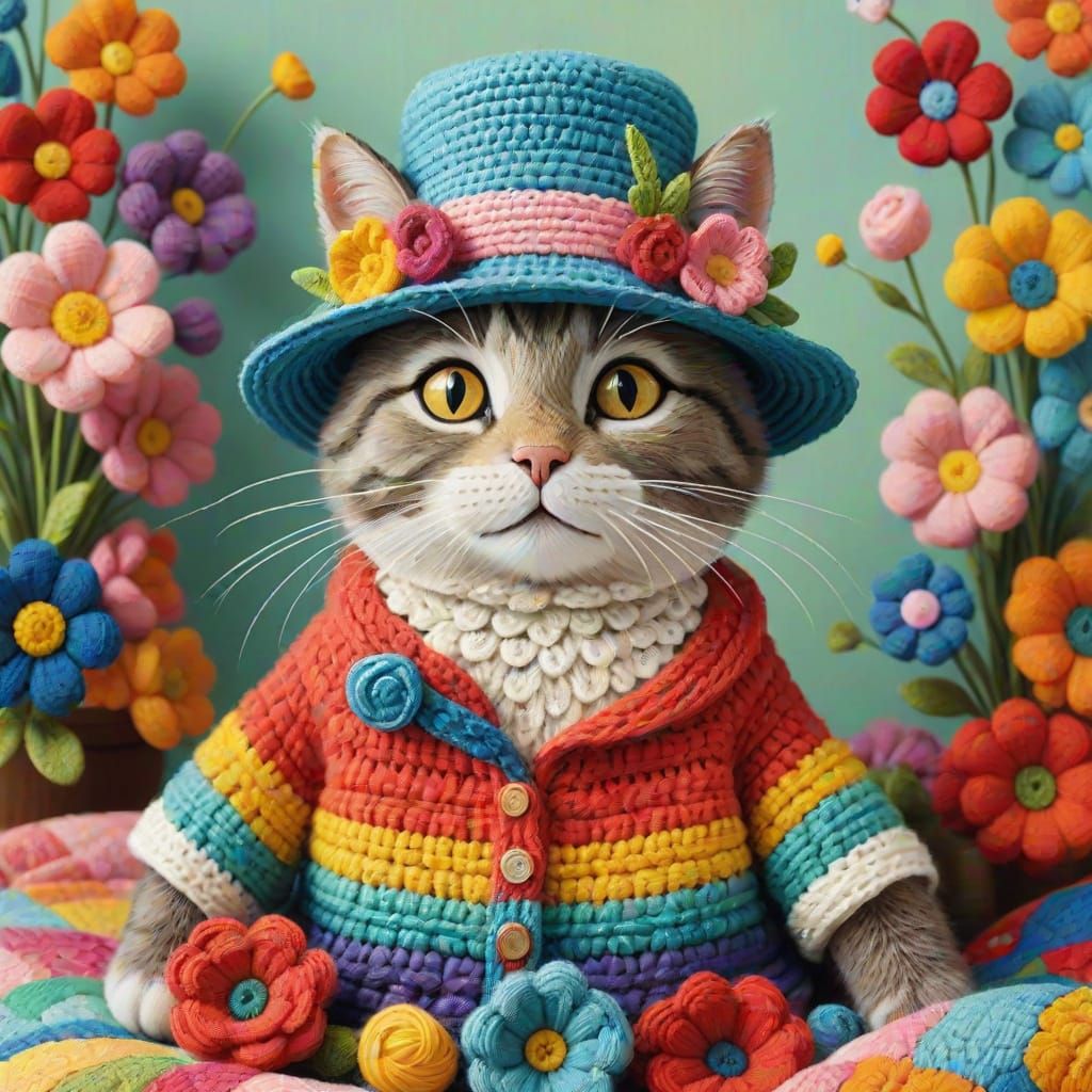Whimsical Crocheted Cat in Flower Hat