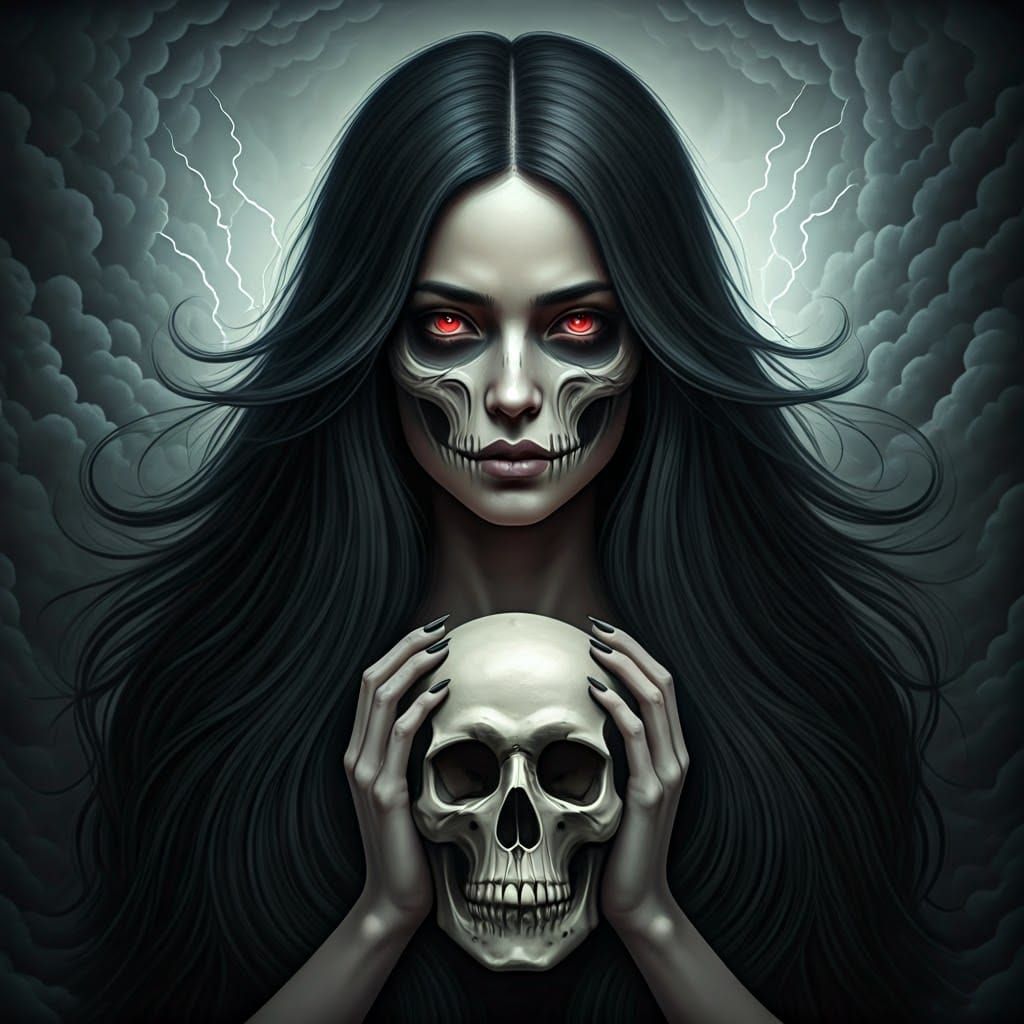 Cyberpunk Goddess with Skulls in Dark, Stormy Atmosphere