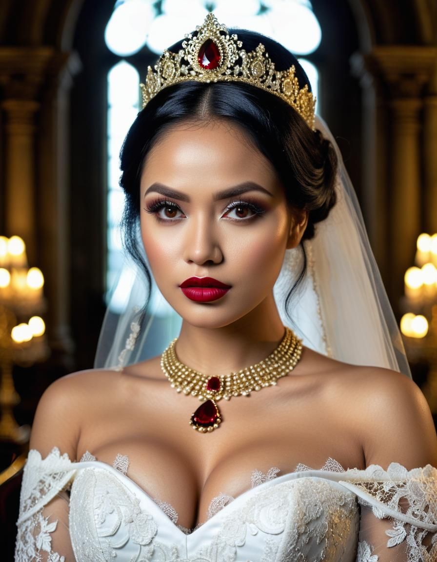 Indonesian Bride in Gothic Setting: Detailed 16K Photo