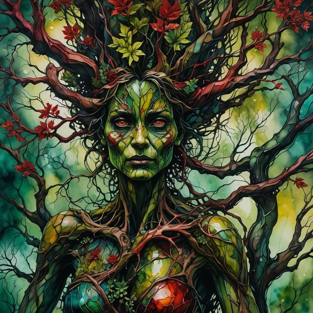 Surreal, High-Retail Fantasy Art of a Treant-Like Woman Emer...