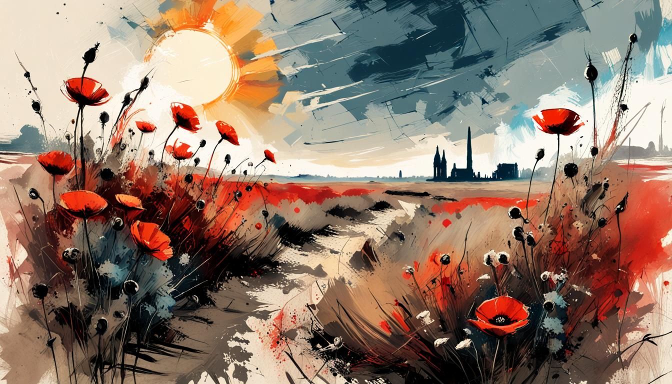 Desert Poppies with Red Sun in Watercolor Style