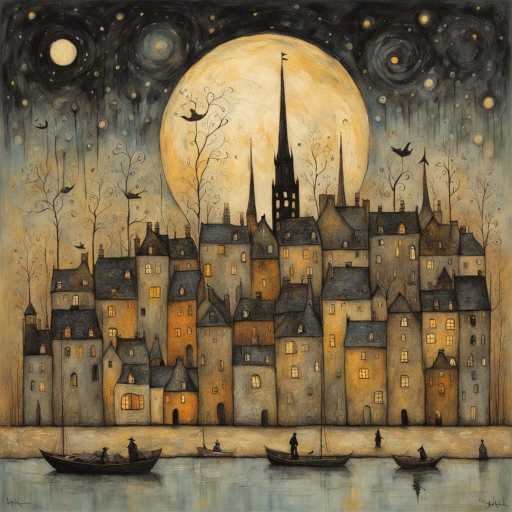 Dark Folk Cityscape at Dusk