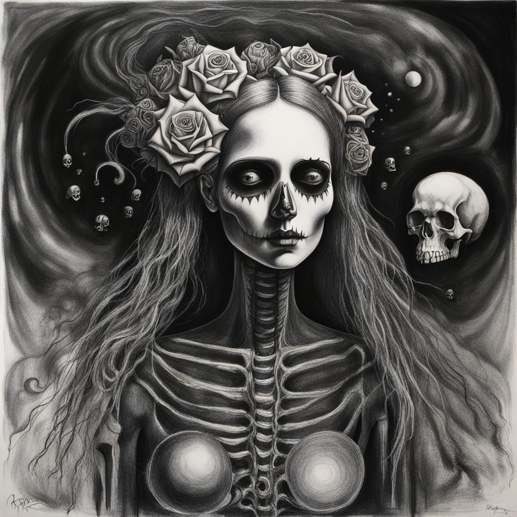 Surreal Crayon Drawing of Goth Woman in Pain