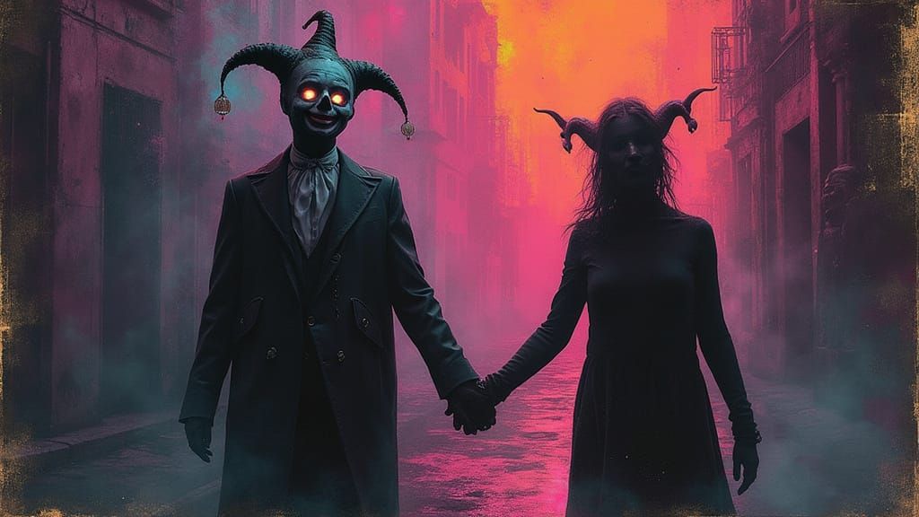 Harlequin in Dreamlike Cityscape with Porcelain Mask