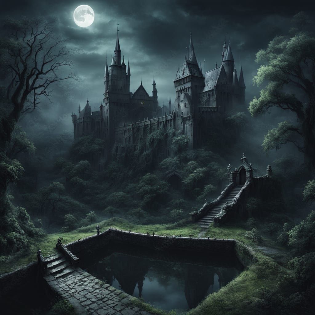Eerie Gothic Landscape: Dracula's Castle in Oil Paint