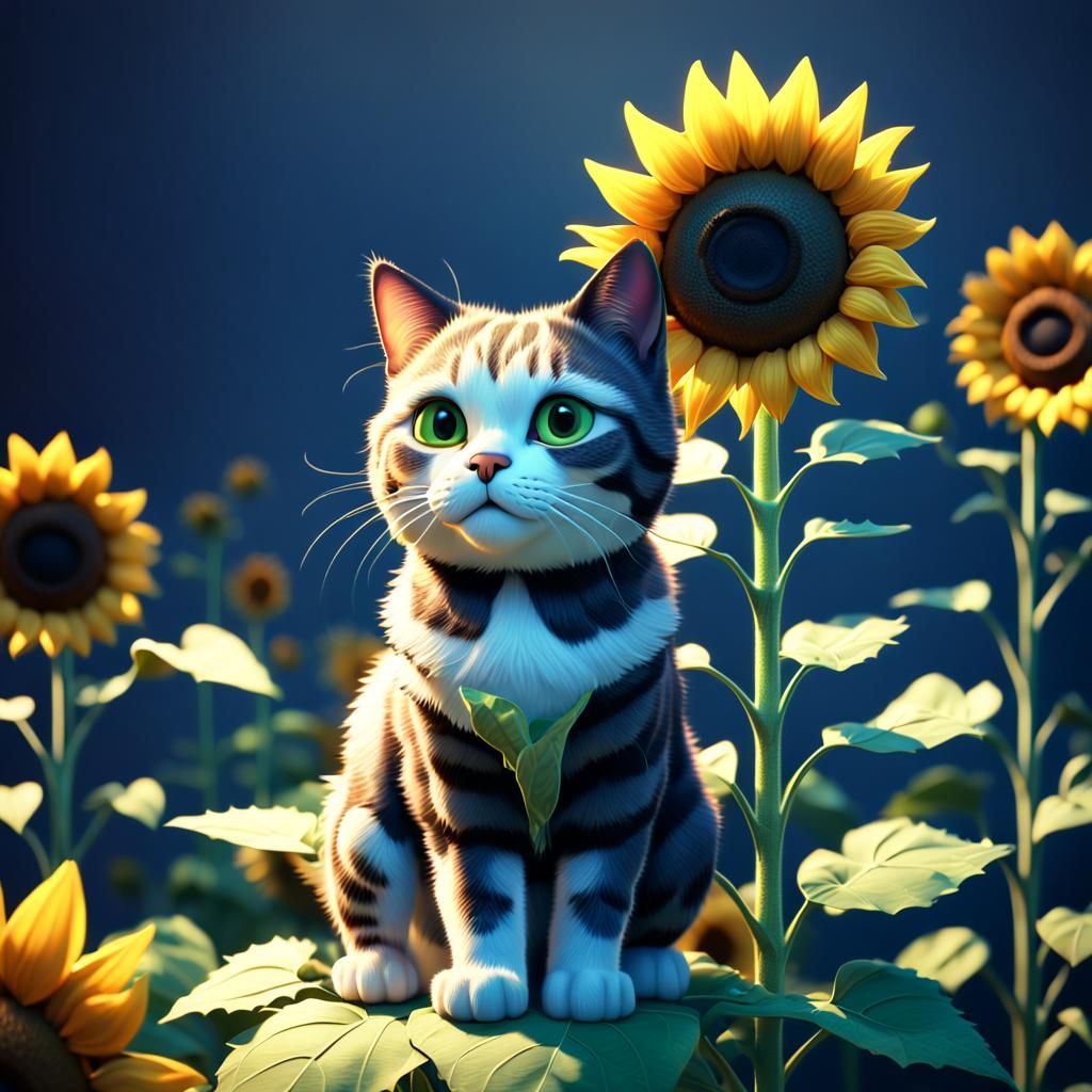 Cat Sunflower: Pixar-Style 3D Digital Art
