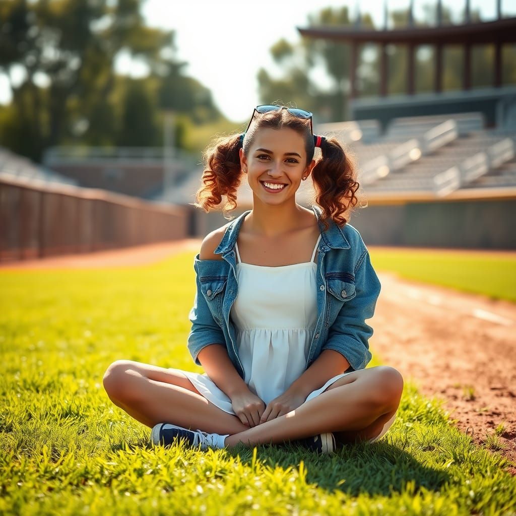 Woman with Pigtails on Baseball Field