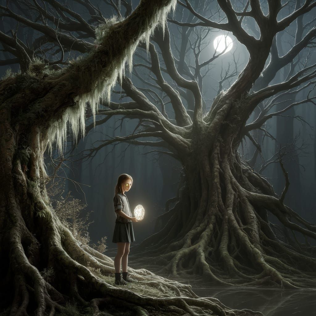 Teen Girl Holds Otherworldly Artifact in Dark Fantasy Forest