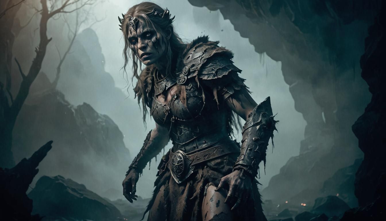 Draugr Shield Maiden in Misty Cave, Dark Fantasy Art