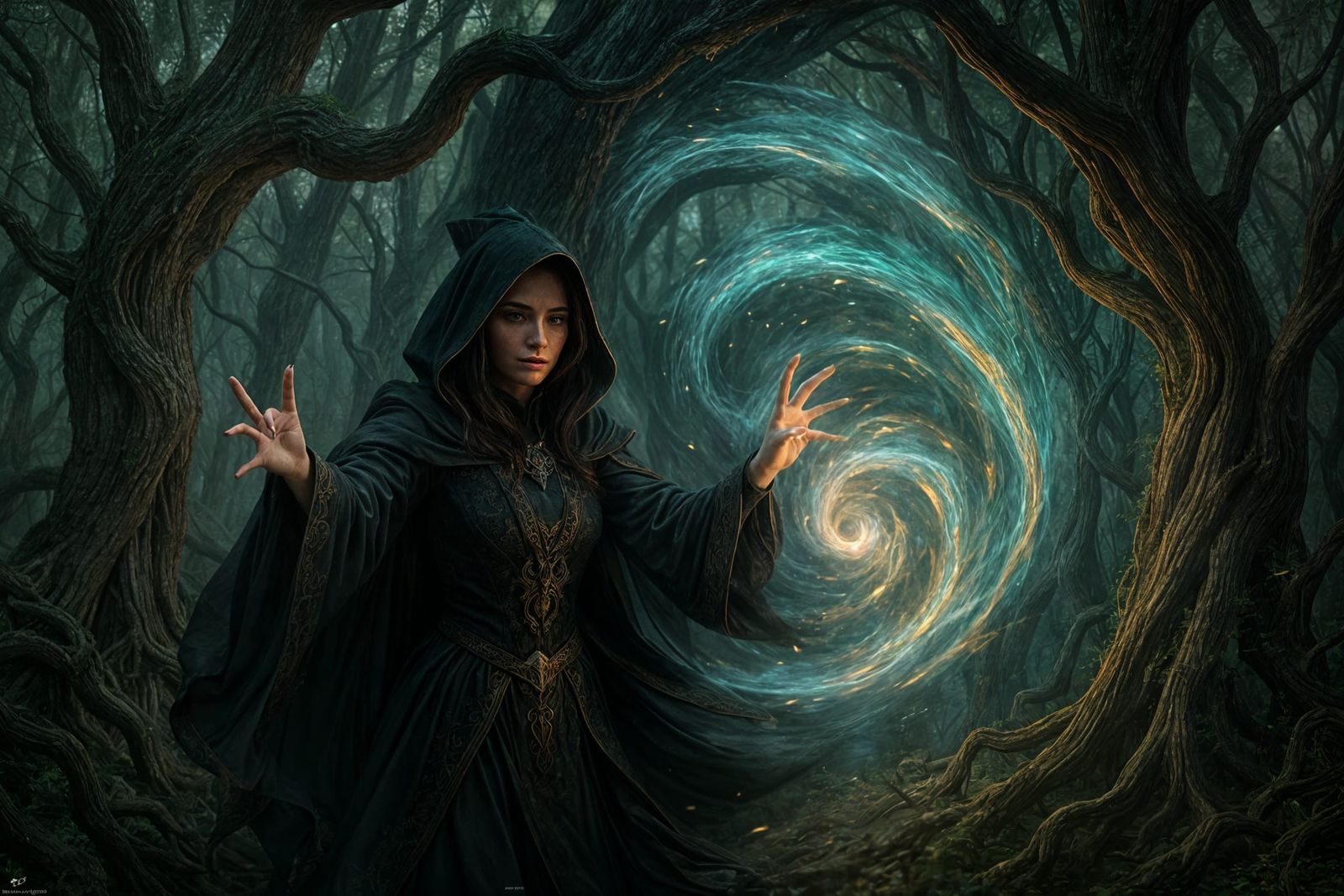 Ethereal Sorceress in Ancient Forest Enchantment