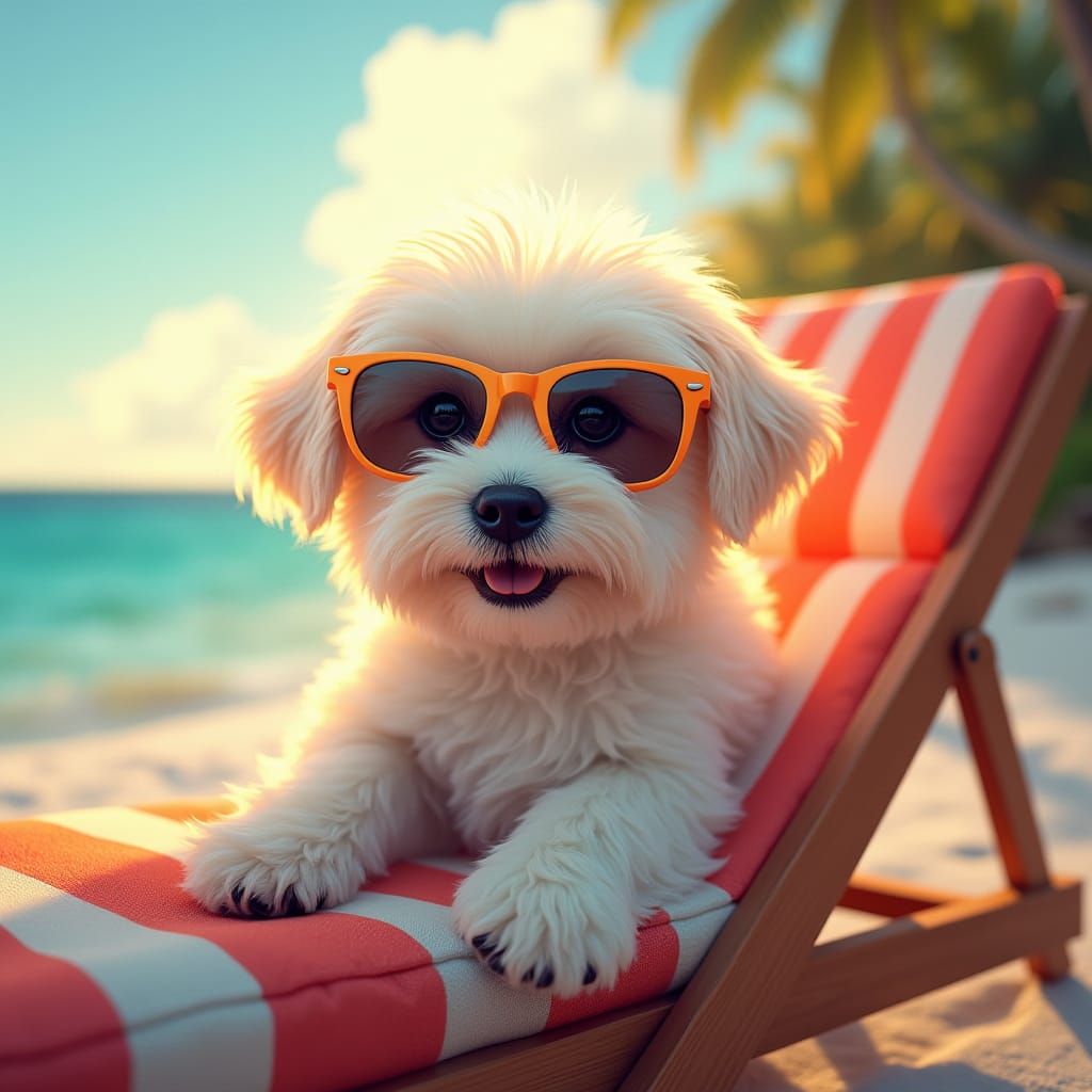 Havanese Puppy Lounging Poolside in Photorealistic Style