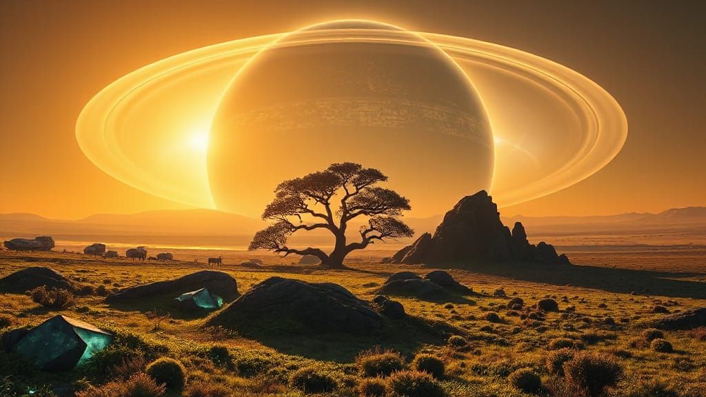 Ethereal Gas Giant Planet with Golden Rings and Alien Landsc...