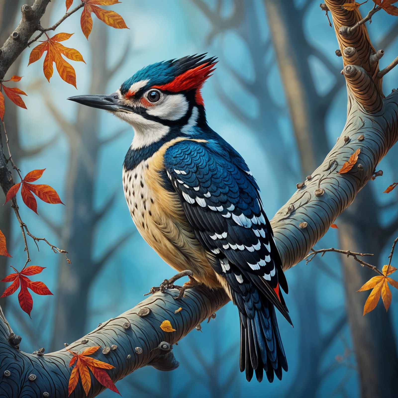 Vibrant Woodpecker Portrait in Wildlife Illustration Style