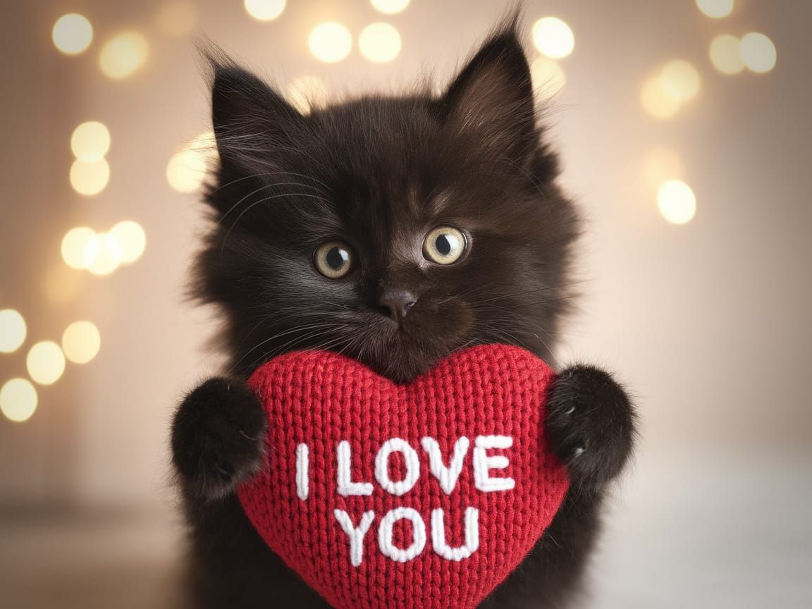Cuddly Black Kitten with Heartfelt Gift