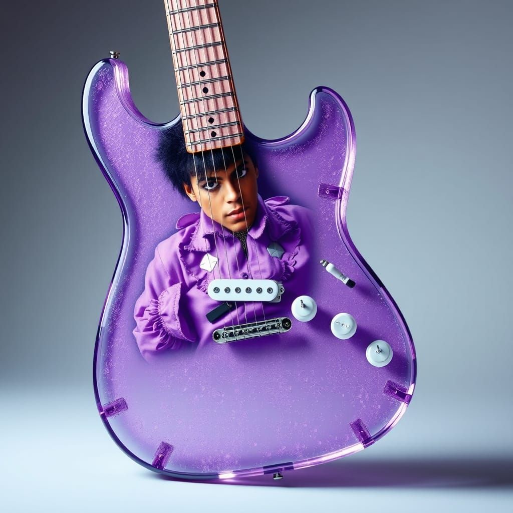 Prince and Purple Guitar: Hyperrealistic Double Exposure