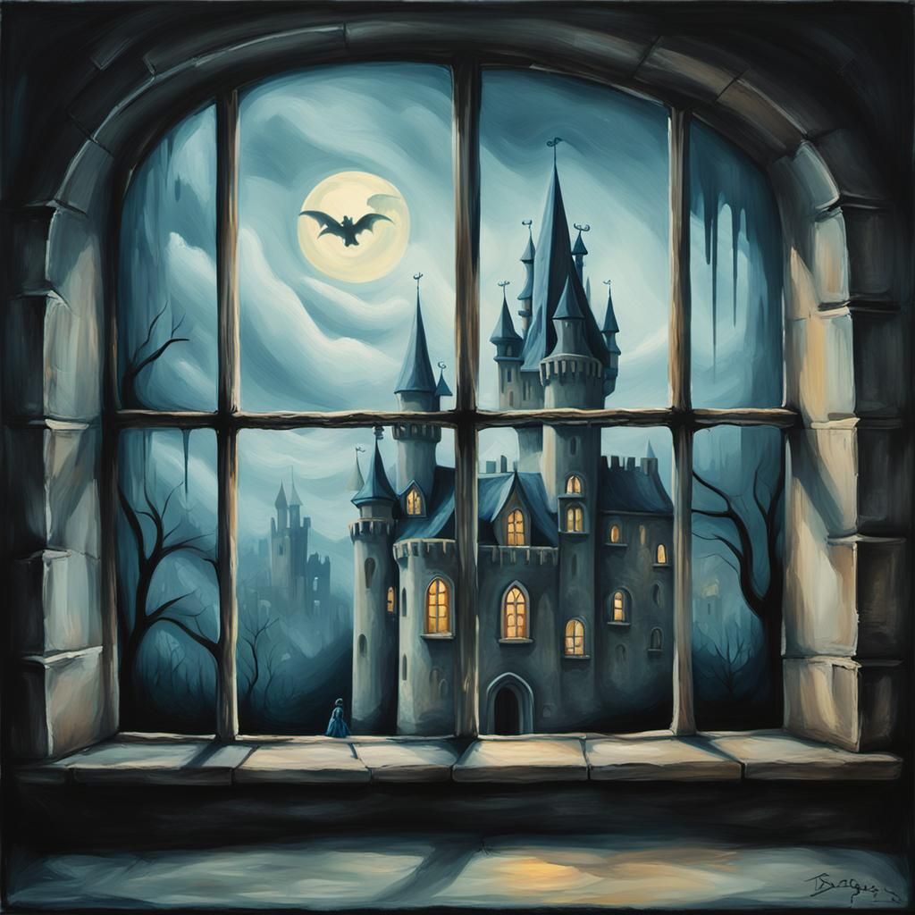 Romantic Window with Ghosts, Alcohol Tempera Painting