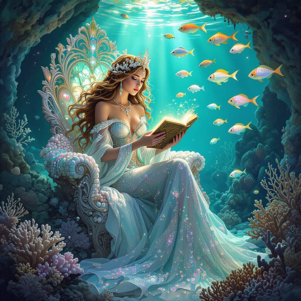 Bioluminescent Mermaid Queen in Art Nouveau Style