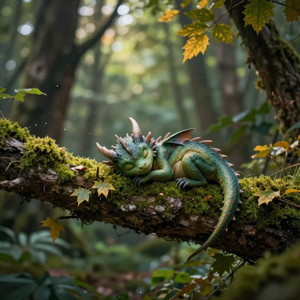 Tiny Dragon Napping in Enchanted Forest