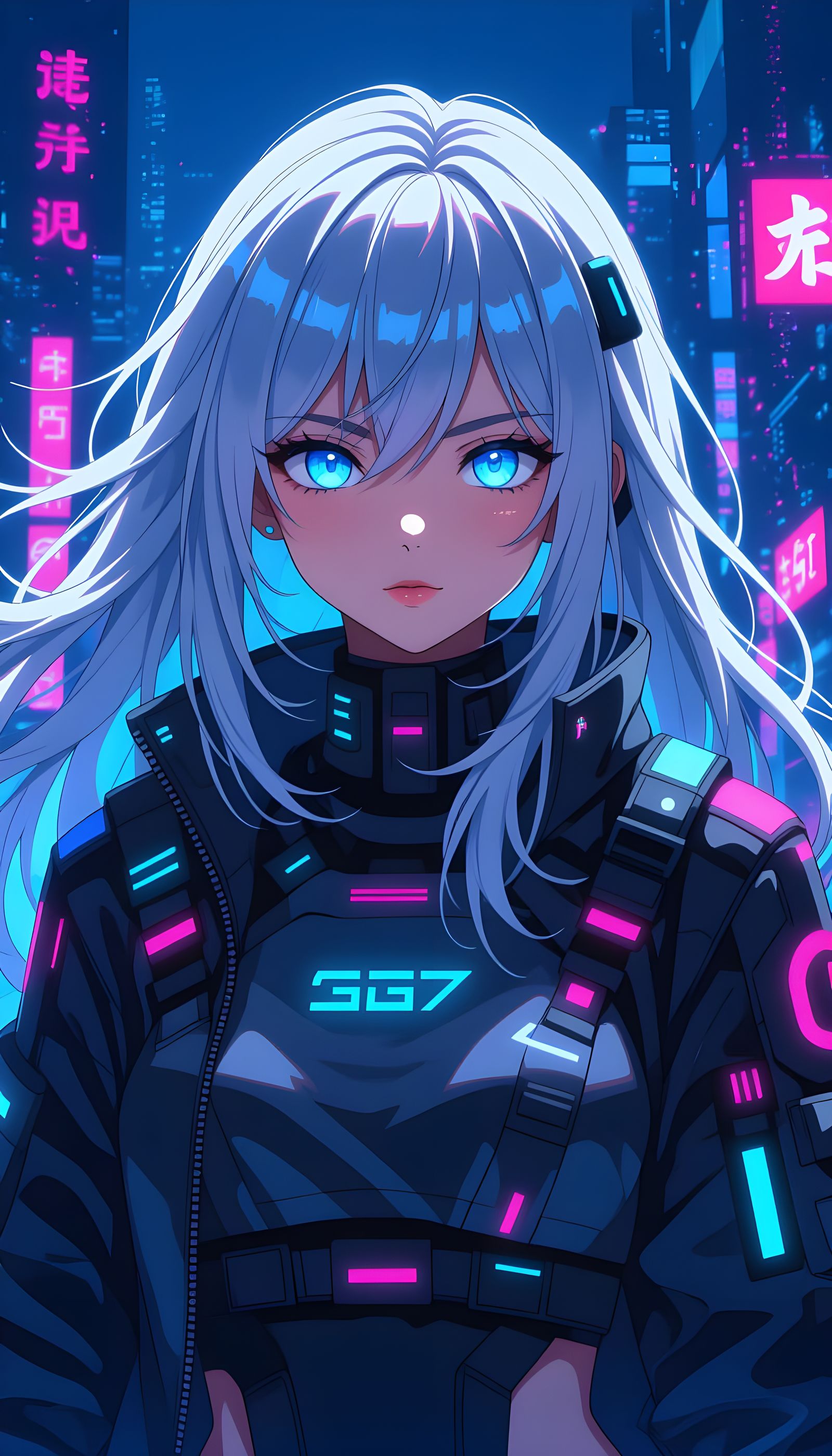 Anime Girl in Cyberpunk Style with Glowing Eyes
