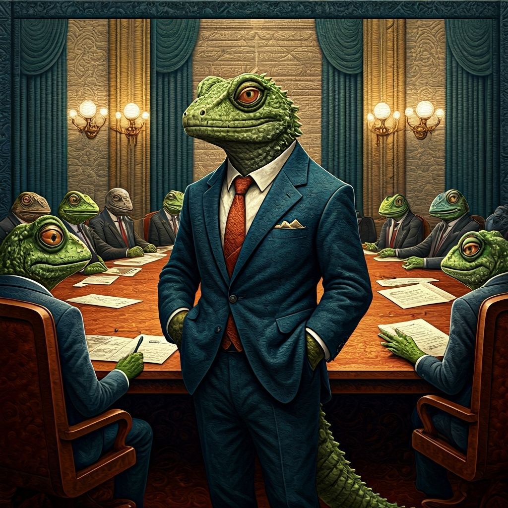 Anthropomorphic Lizard in Suit at Business Meeting Quilt Ill...