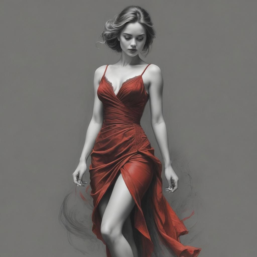 Woman in Red Charcoal Drawing