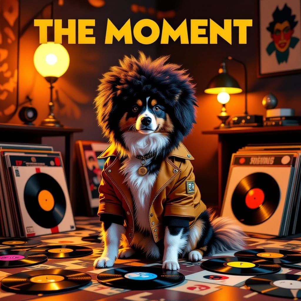 Dog with Afro in 70s Funk Room, Pop Art Style