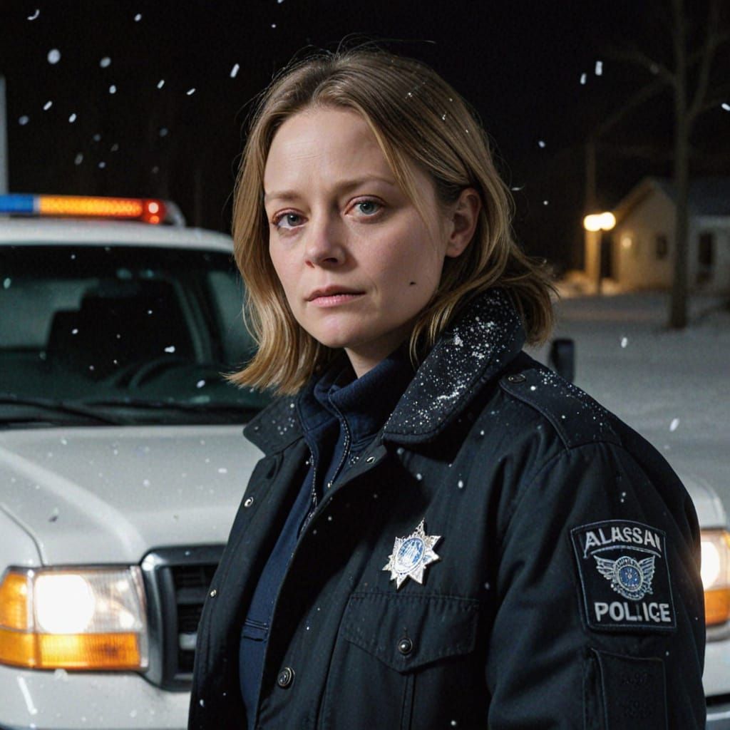 Alaskan Detective by Truck in Snowy Night, Cinematic