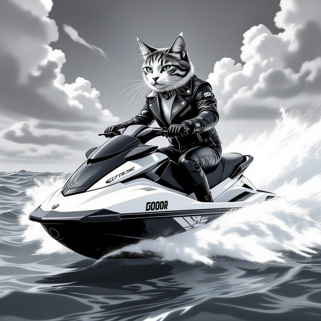 Surreal Cat on Jet Ski in Monochromatic Style