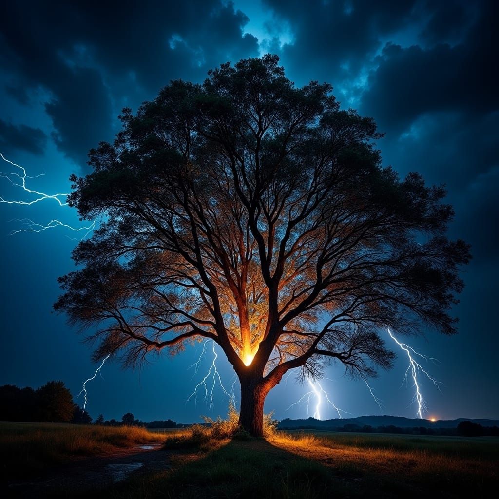 Dramatic Nighttime Scene of Tree Split by Lightning