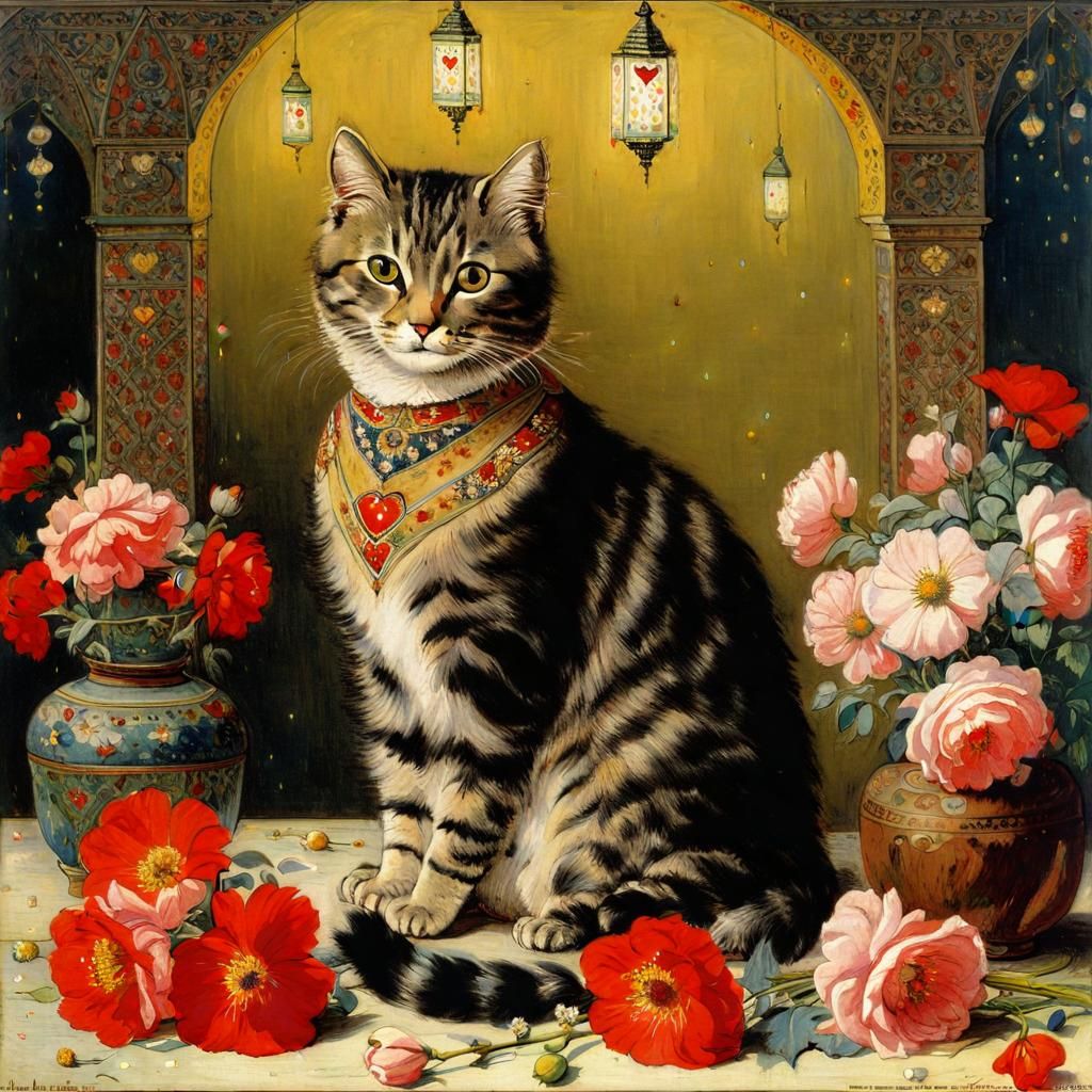 Cat on Pillow with Flowers in Academic Style