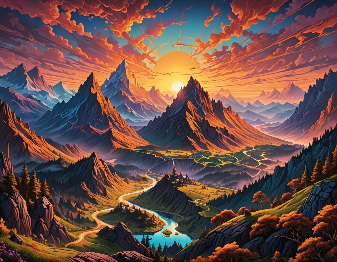 Electrified Sunrise Mountainscape in Psychedelic Art Style