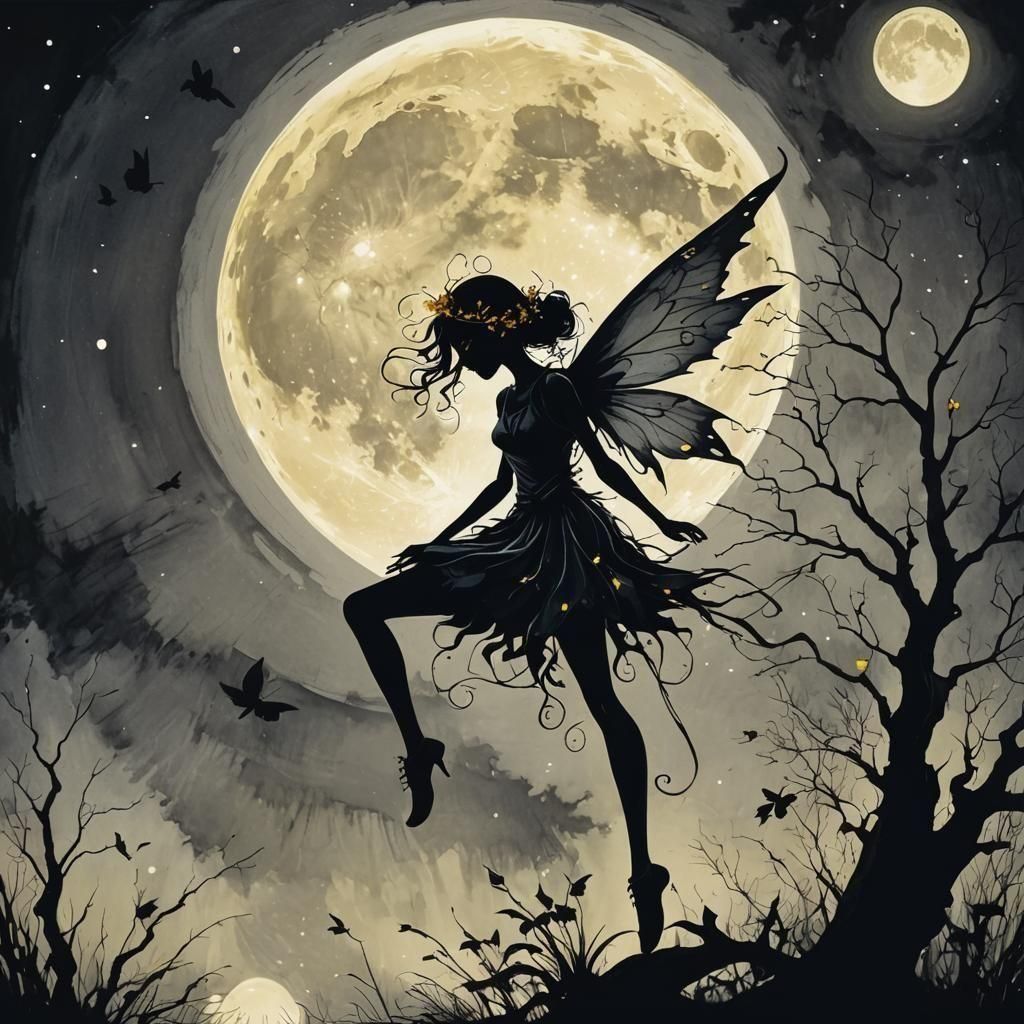 High Contrast Fairy Silhouette in Moonlight
