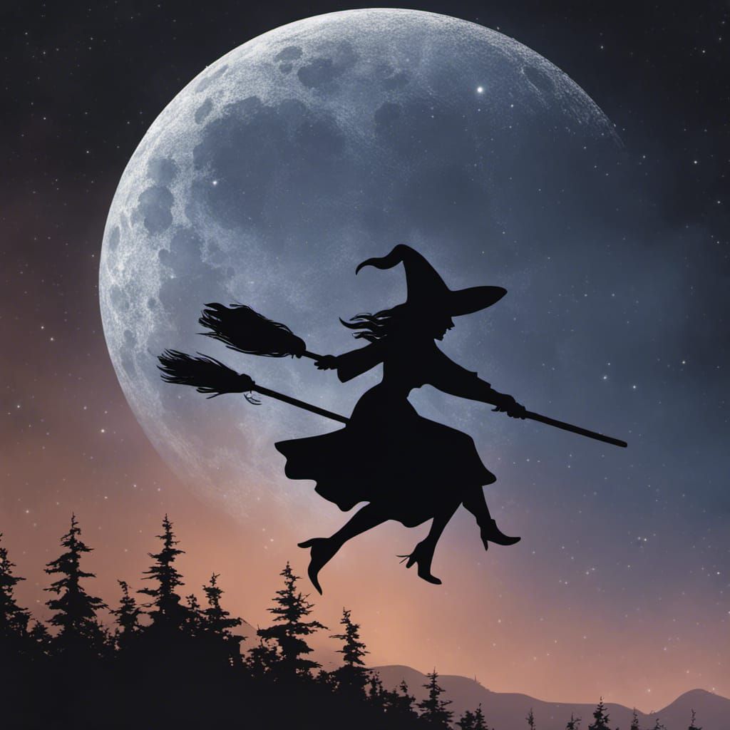 Witch Silhouette Flying on Broomstick in Dark Fantasy Style
