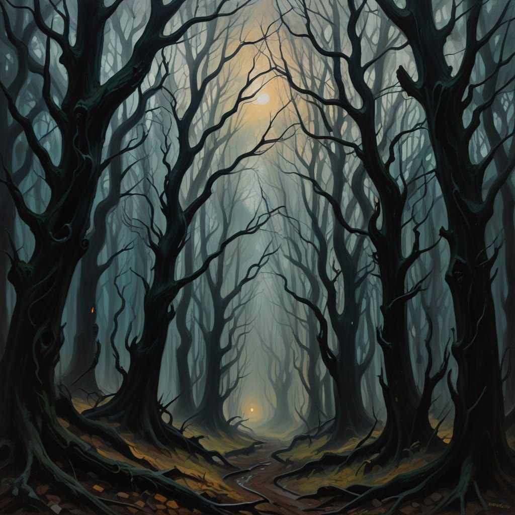 Eerie Dark Forest Spirits in Expressionist Style