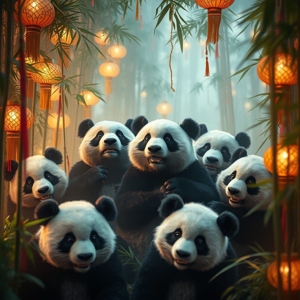 Hyperrealistic Panda Party in Bamboo Forest