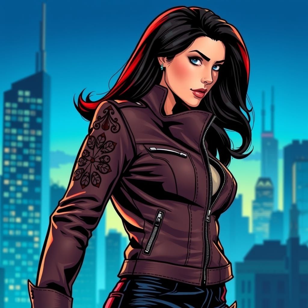 Heroic Comic Book Woman in Leather Jacket, Cityscape