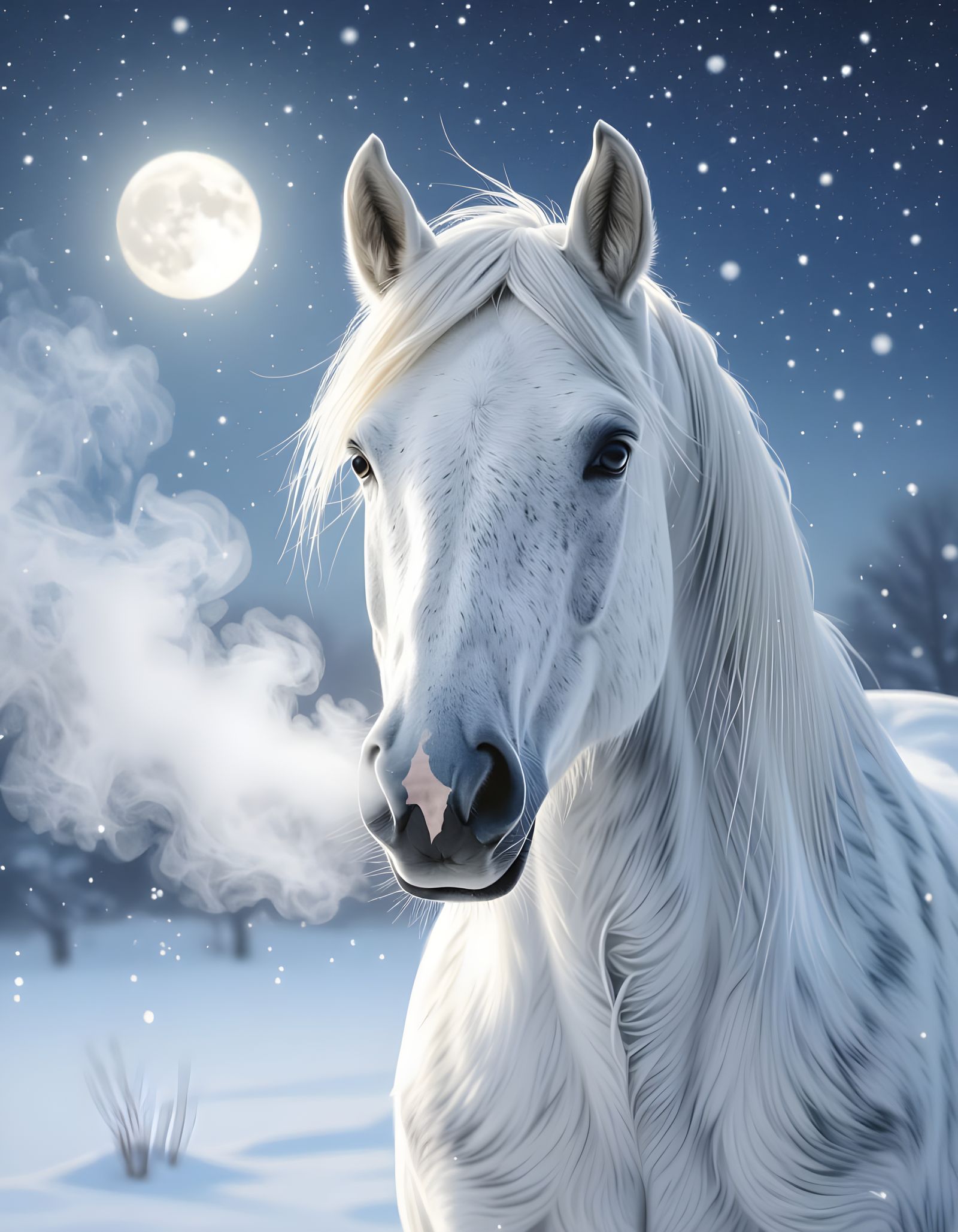 White Horse Breathes Steam on Snowy Winter Night