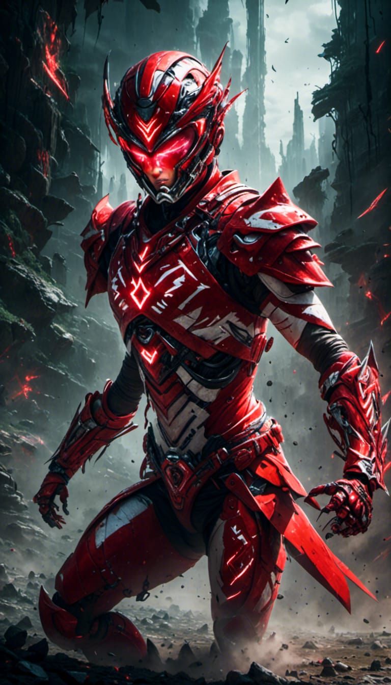 Red Power Ranger in Action with Glowing Runes